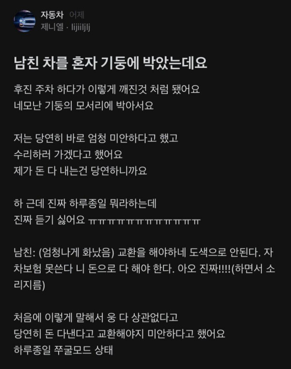 남친 차를 혼자 기둥에 박았는데요